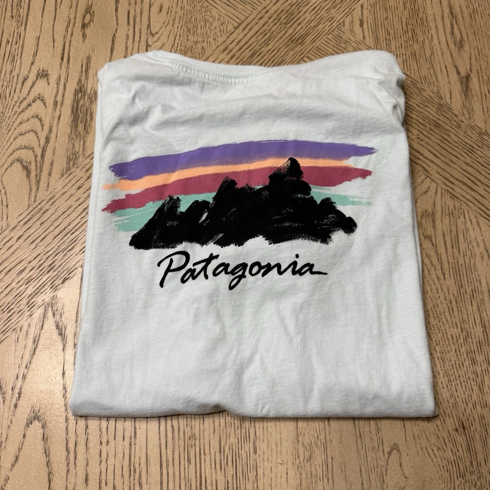 Patagonia White Long Sleeve Tee with Black Logo and Multicolor Stripes